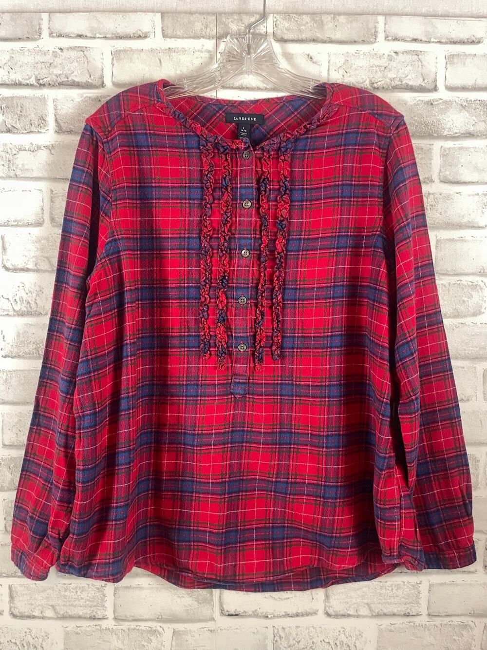 Lands End Flannel Shirt Women Large Red Plaid Ruffle Front Henley Long Sleeve